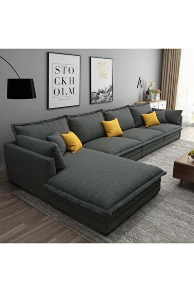 HOME HOUSE أريكة زاوية من خشب السويد والبوليستر - رمادي