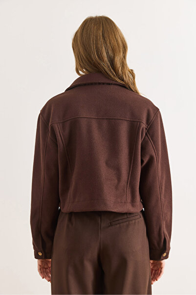 Olalook Women's Brown Lined Zippered Double Pocket Detailed Crop Cashmere Jacket Ckt-19000484