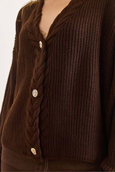 Olalook Kadın Kahverengi Saç Örgü Detaylı Triko Hırka HRK-19000420