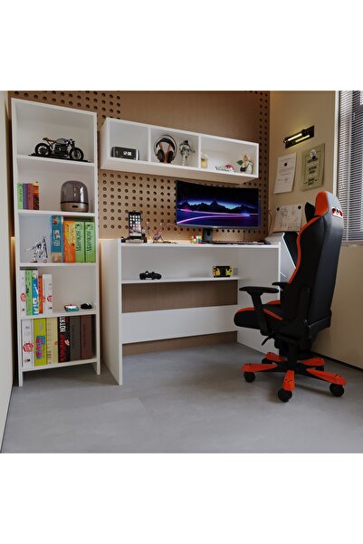 MORİVA HOME %100 Mdf 3 Lü Set Kitaplık,+ Duvar Rafı + Gaming Çalışma Masası Seti - Soft Beyaz Oyuncu Masası
