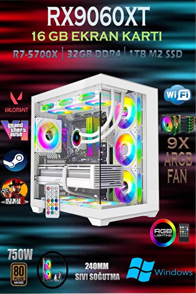 Apphirex TCW90 Ryzen 7 5700X 32GB 1TB M.2 SSD RX9060XT 16GB Sıvı Soğutmalı Beyaz Masaüstü Oyuncu Bilgisayarı