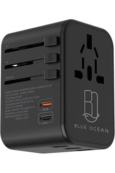 Blue Ocean Travel Adapter 35.5W With 3 Usb Ports-1 Type C 3.0A–1 PD 20W/QC 3.0 Universal Travel Ad