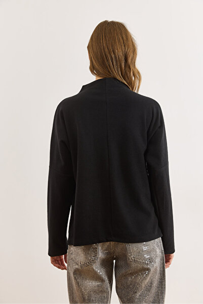 Olalook Bluză neagră pentru femei, cu guler înalt, cu nervuri, Selanik BLZ-19003137