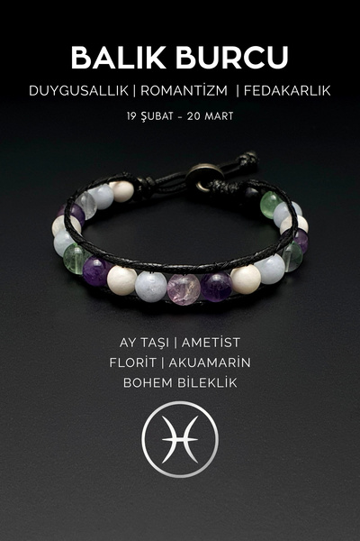 Seven Art Jewelry Doğal Taş Bileklik, Balık Burcu, Ay Taşı, Ametist, Akuamari...