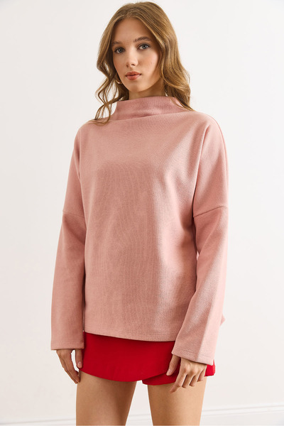 Olalook Women's Powder Stand Collar Ribbed Thessaloniki Blouse Blz-19003137