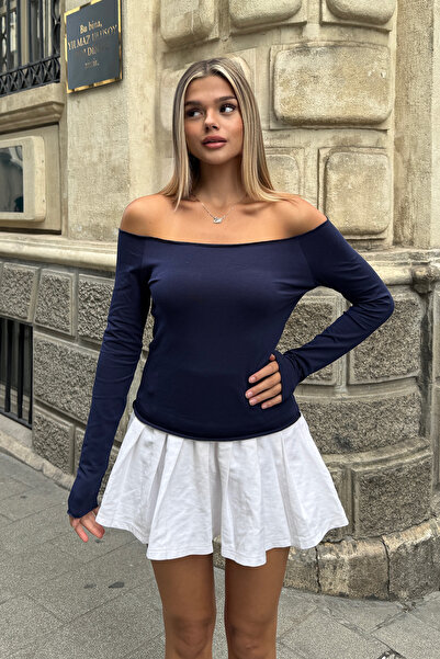 la & vetta Navy Blue Off-The-Shoulder Long Sleeve Blouse