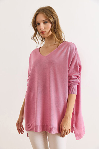 Olalook Women's Dusty Rose V-Neck Side Slit Basic Knit Sweater Kzk-19000868