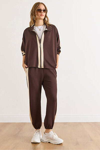 Olalook طقم نسائي من قماش المودال البني بتفاصيل شريطية من الأسفل والجزء العلوي TKM-19000443