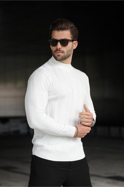 Madmext Pulover alb pentru bărbați Half Fisherman E7423