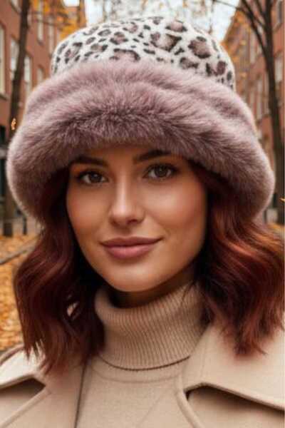 Mood Agenda قبعة نسائية من الفرو القطيفة بنقشة الفهد