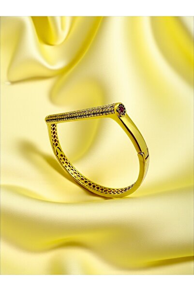 FUYA JEWELLERY 14K Gold Kaplama Zirkon Taşlı Pembe Taş Detay Kelepçe Bileklik