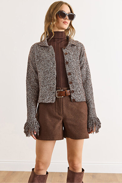 Olalook Kadın Kahverengi Manşeti Saçaklı Kırçıllı Triko Hırka HRK-19000419