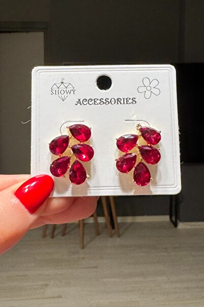 C&E Design Kadın Bordo Zirkon Taşlı Küpe