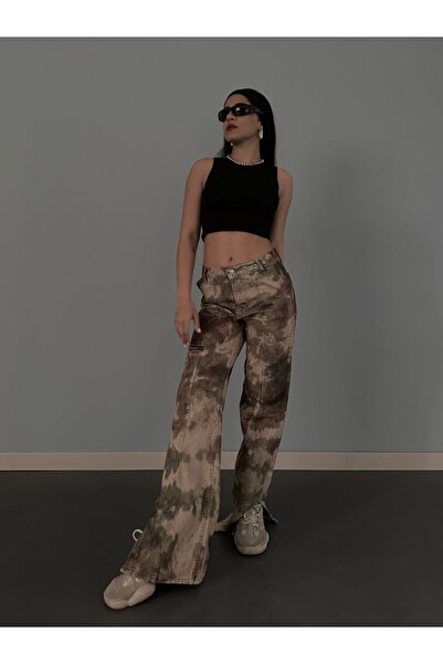 HerTon Yüksek Bel Batik Desenli Geniş Paça Jean