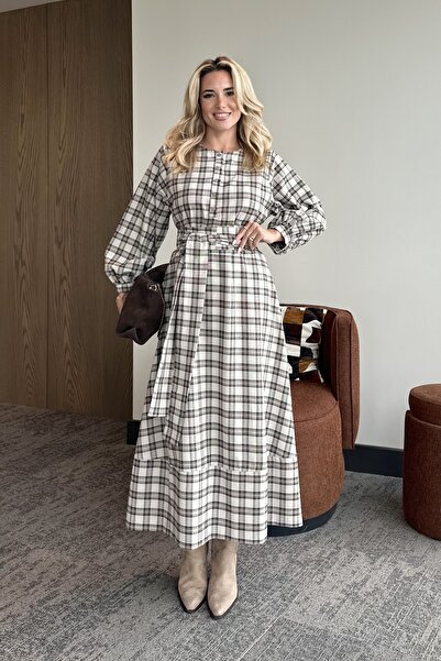 Laluvia Stone Checkered Belted Long Dress - 1235