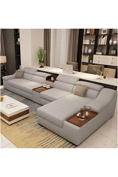 HOME HOUSE أريكة زاوية من خشب السويد والكتان - رمادية