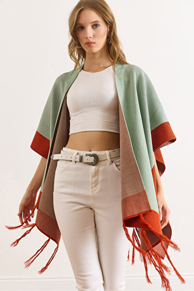 Olalook Women's Mint Green Color Block Poncho Cardigan Hrk-19000423