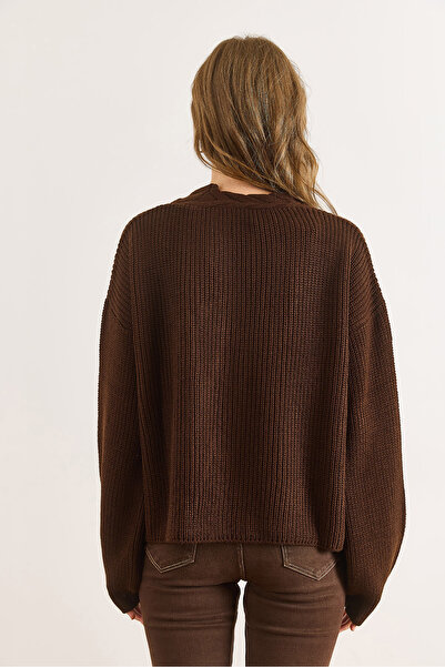Olalook Kadın Kahverengi Saç Örgü Detaylı Triko Hırka HRK-19000420