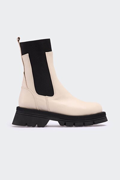 Favgi 150 Bej Deri Siyah Lastik Kadın Bot