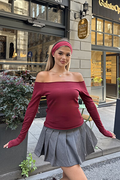 la & vetta Burgundy Off-The-Shoulder Long Sleeve Blouse