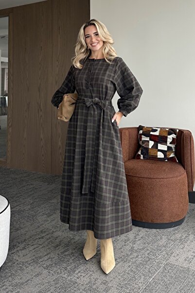 Laluvia Haki Ekoseli Kuşaklı Uzun Elbise - 1235