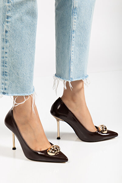 RİSSOLİ Women's Bitter Brown Patent Leather Gold Buckle Detailed Heeled Stiletto