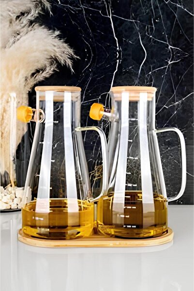 YAZICI طقم من 3 قطع يتضمن وعاء زيت من البامبو سعة 900 مل مصنوع من البوروسيليكات