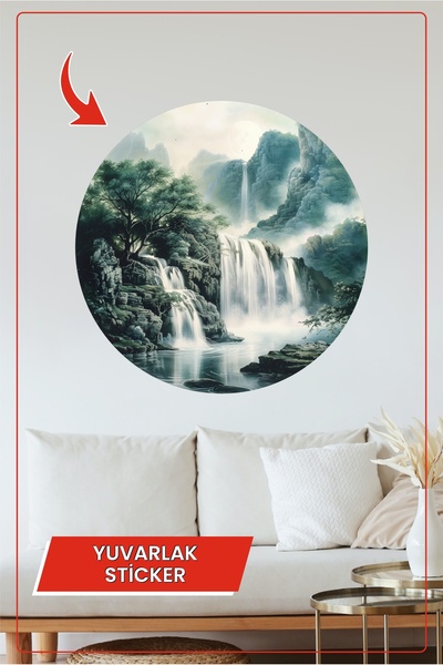 KOSS Dijital Autocolant rotund cu peisaj de cascadă naturală, autocolant deco...