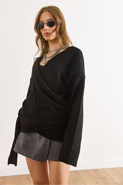 Olalook Women's Black Double-Breasted Collar Tie-Up Knit Cardigan Hrk-19000427