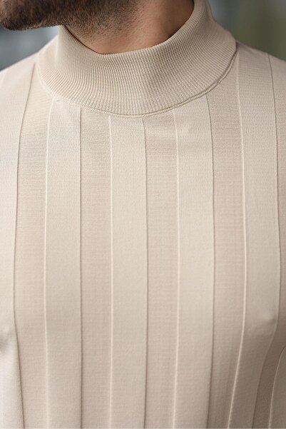 Madmext Πλεκτό πουλόβερ ανδρικό μισό ψαράδικο χρώμα πέτρας E7423