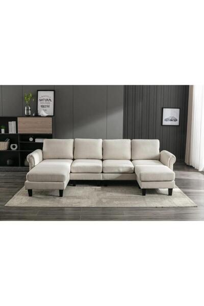 HOME HOUSE أريكة زاوية من خشب السويد والكتان - بيج