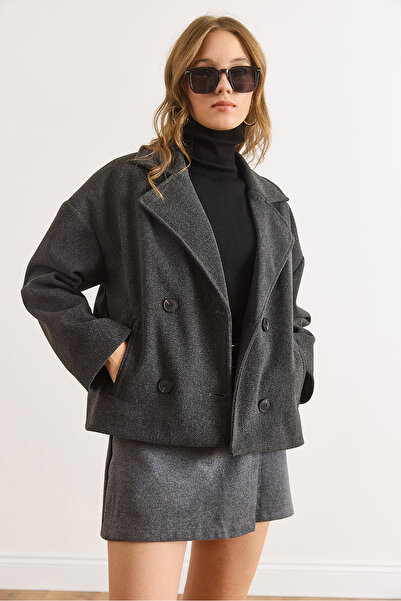 Olalook Palton scurt din cașmir pentru femei, căptușit cu căptușeală afumată, cu buzunare, cu guler dublu, KBN-19000015