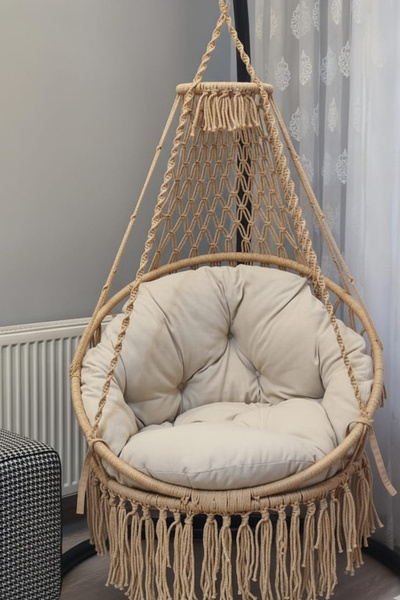 WOODSHUT Makrome Salıncak Minderli (BEJ) - %100 El Işçiliği Mis38006BejM