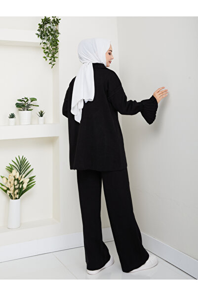 FERHEL Elit Sleeve Pleated Cardigan Pants Knitwear Set