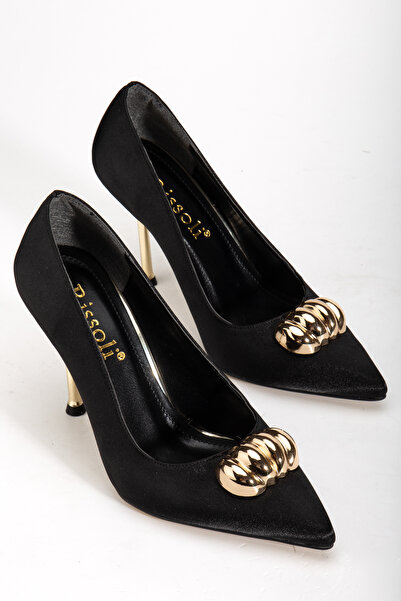 RİSSOLİ Women's Black Satin Gold Buckle Detailed Heeled Stiletto