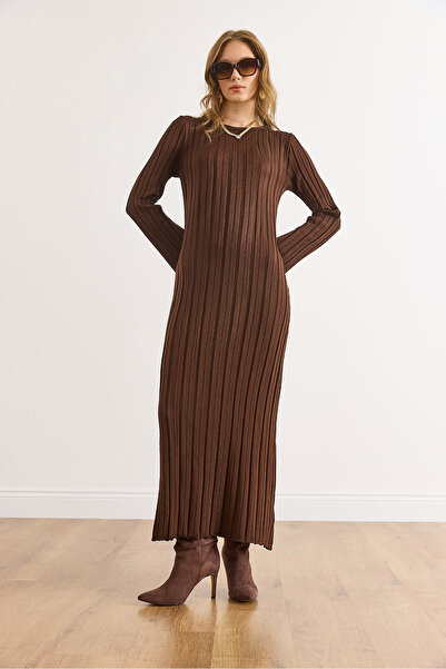 Olalook Women's Brown Spanish Sleeve Belted Maxi Knit Dress Elb-19002546