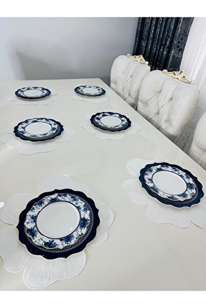 İNCİ ÇEYİZ 6 Pieces First Quality Linen Bloom Flower Pattern Embroidered American Service Placemat