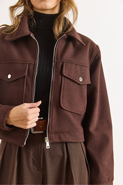 Olalook Women's Brown Lined Zippered Double Pocket Detailed Crop Cashmere Jacket Ckt-19000484