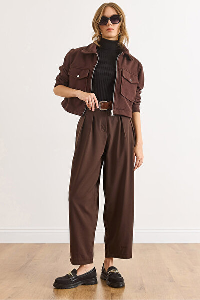 Olalook Kadın Kahverengi Cepli Pileli Balon Poliviskon Dökümlü Pantolon PNT-19000370