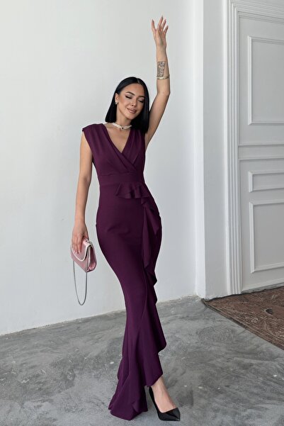 ALFUDO Moda Collection Kadın Mürdüm Scuba Dalgıç Kumaş Kruvaze Yaka Eteği Volanlı Abiye Mezuniyet Nikah Elbise