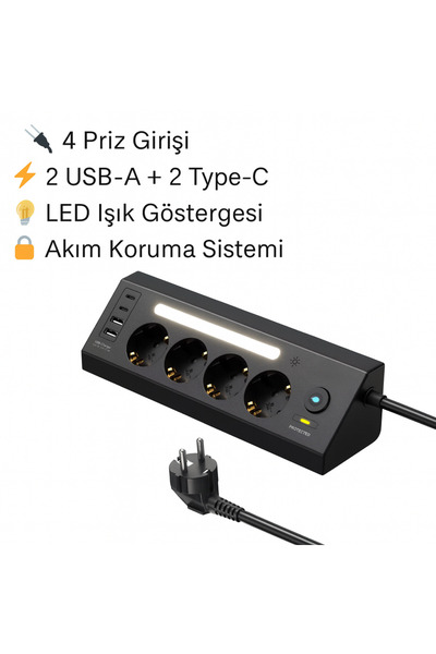 SMAYLİNG Akım Korumalı 4’lü Priz | 2 USB-C + 2 USB-A Çıkış | LED Işıklı Şarj İstasyonu | 2 Metre Kablo