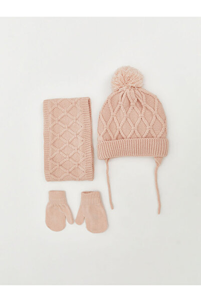 LC Waikiki Pink Pompom Baby Girl Scarf, Beanie and Gloves Set