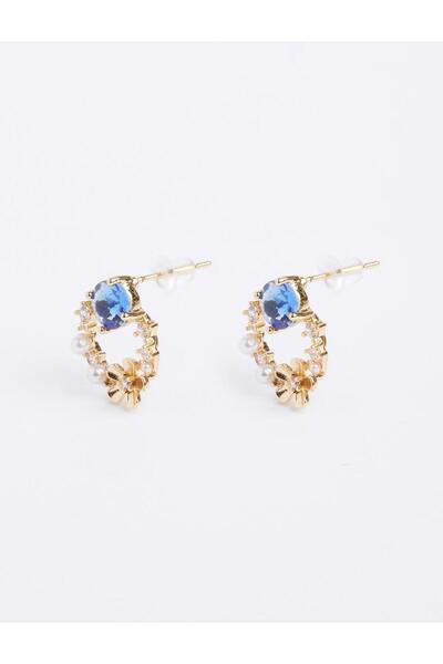 Jimmy Key Mavi Parlak Taşlı Çiçek Figürlü İncili Küpe