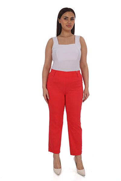 EXİTLİNE Women's Summer Spring Red Pants with Front Decorative Pockets and Snap Detail at the Hem, Elastic Waistband