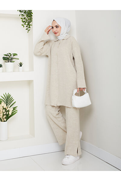 FERHEL Oversize Ribbed Steel Knit Detailed Cardigan Pants Knitwear Set