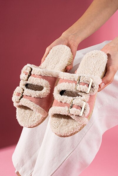 FUGA MODA Damy Powder Buckle Double Strap Plush Detailed Women's House Slippers