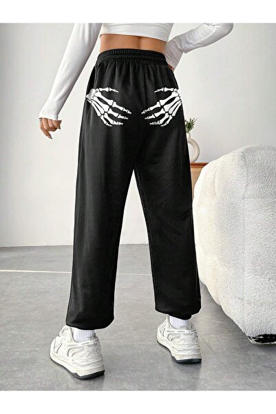 Flaubert -schelet de mână pentru femei cu imprimeu pantaloni de sport pantaloni țesătură de calitate cu 3 fire talie elastică