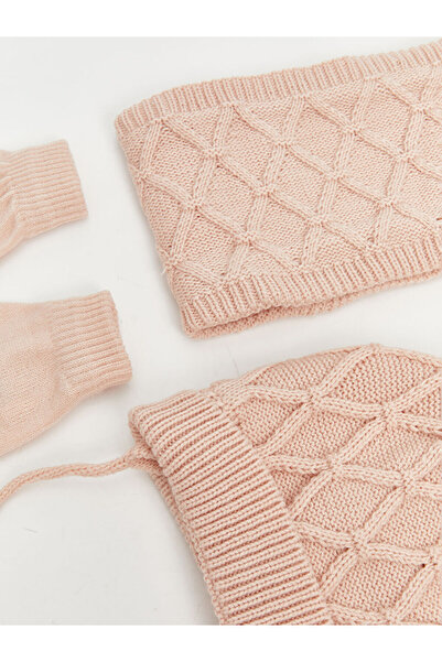 LC Waikiki Pink Pompom Baby Girl Scarf, Beanie and Gloves Set