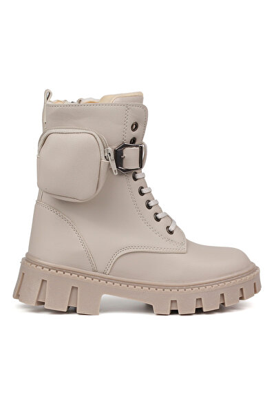 KAJILA Women's Beige Boots – Thick Sole with Wallet, Zipper, Lace-Up, Buckle, Comfortable, Casual, Stylish and Durable