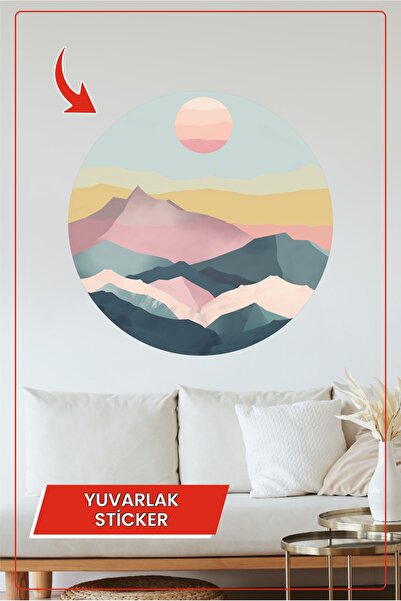 KOSS Dijital Autocolant rotund cu munți pastel, peisaj minimalist, stil artis...